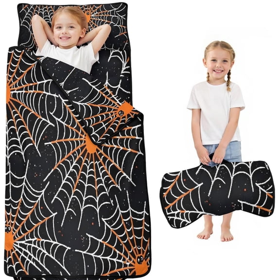 Halloween Spider Webs with Orange Spiders Toddler Nap Mats for Kids Preschool,50"x20" Sleeping Mat Bag or Kids,Toddler Sleeping Bag,Toddler Nap Mat or Daycare