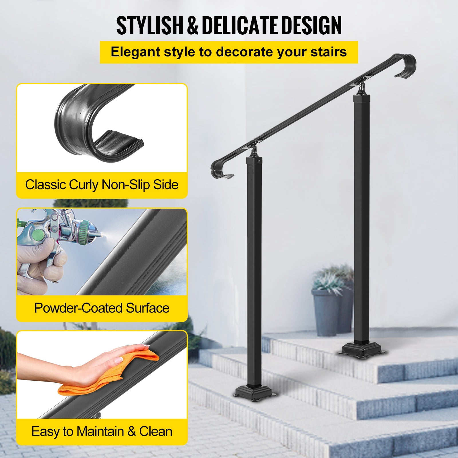 BENTISM Wrought Iron Handrail Stair Railing Fit 1-3 Steps Adjustable Hand Rail