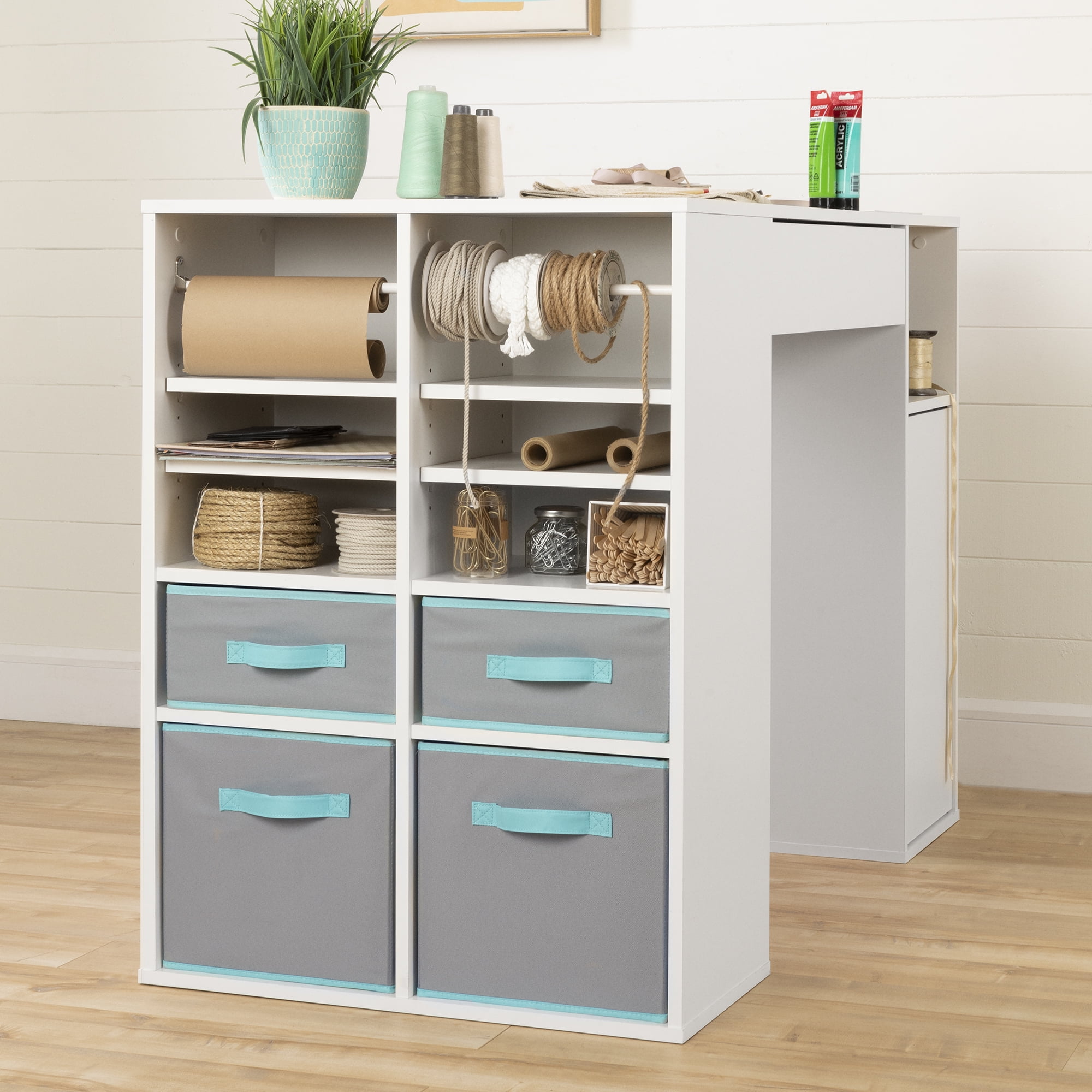South Shore Cream White Counter Height Craft Table with Storage