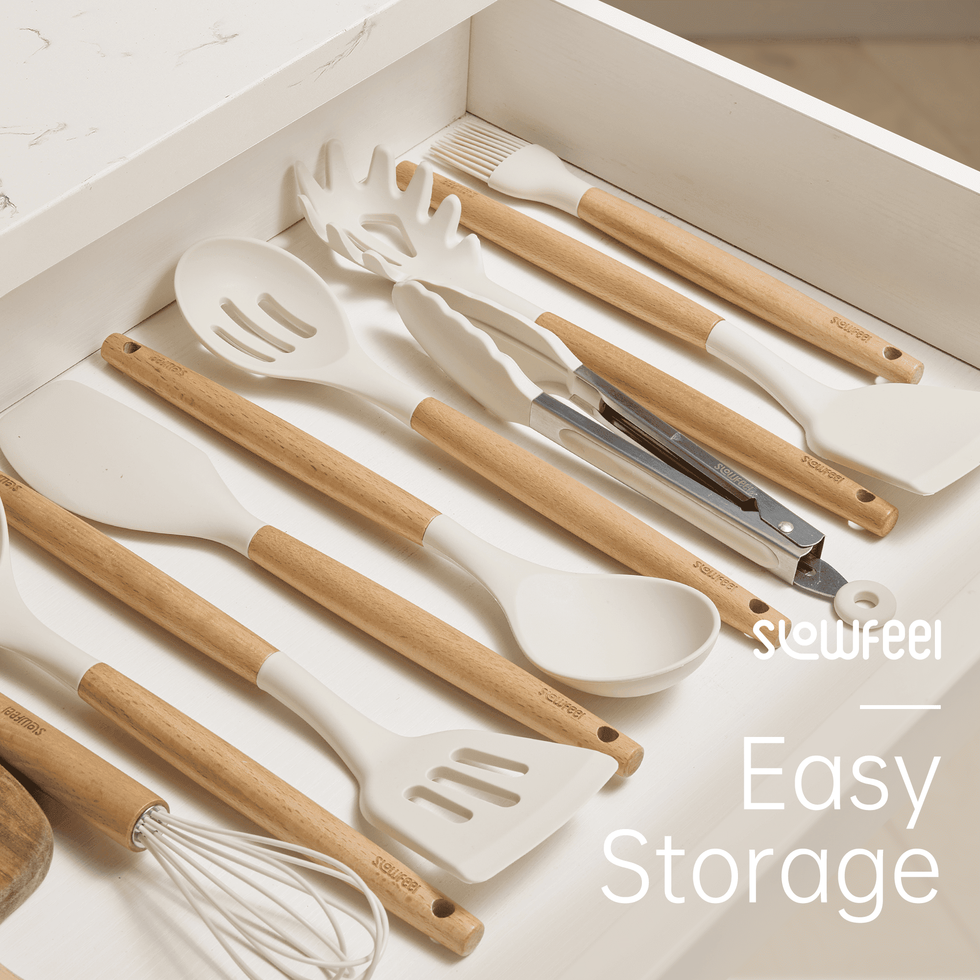 Slowfeel 32-Piece Silicone Kitchen Utensil Set with Holder, Heat Resistant Kitchen Gadget Set for Nonstick Cookware, 10 Hooks Included, White