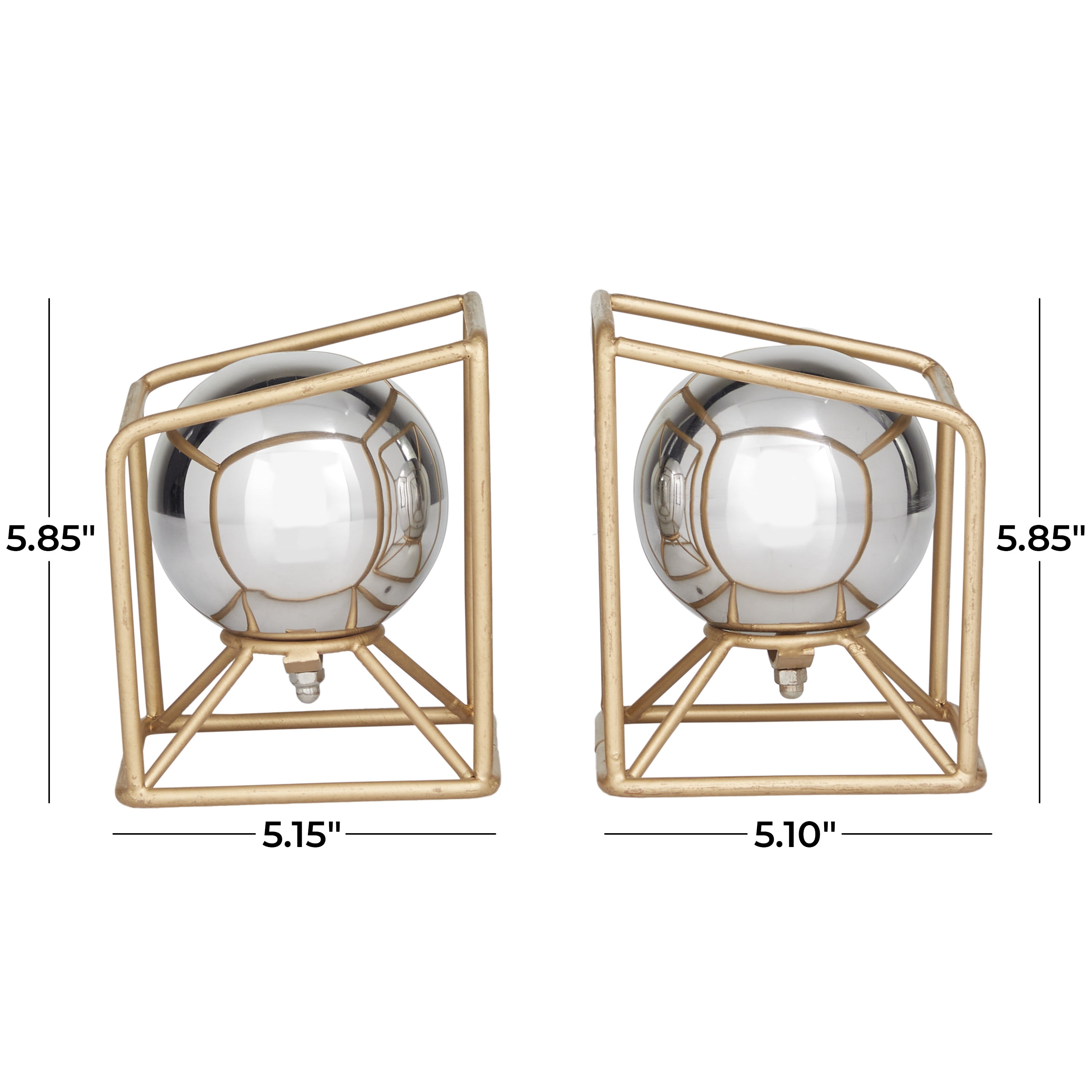 DecMode Contemporary Gold Stainless Steel Open Cube with Silver Balls Globe Bookends, Set of 2 5"W x 6"H