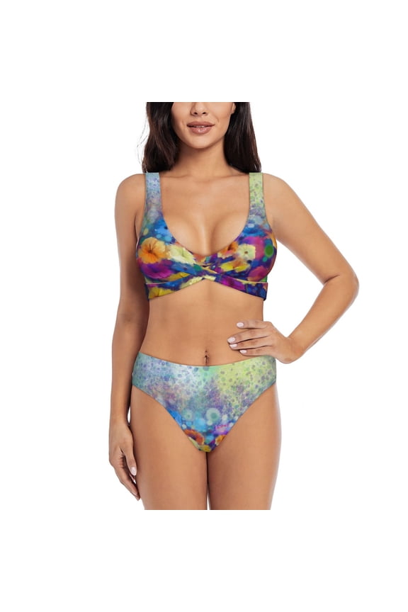 Spring Flower Seasonal Print Women's 2 Piece High Waisted Wrap Spaghetti Strap Summer Swimsuit Bikini Set-Medium