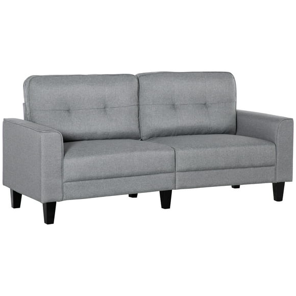 HOMCOM 3-Seater Sofa, Mid-Century Linen Couch with Upholstered Seat, Button-Tufted Back Cushion and Rubber Wood Legs for Living Room, Bedroom, Gray