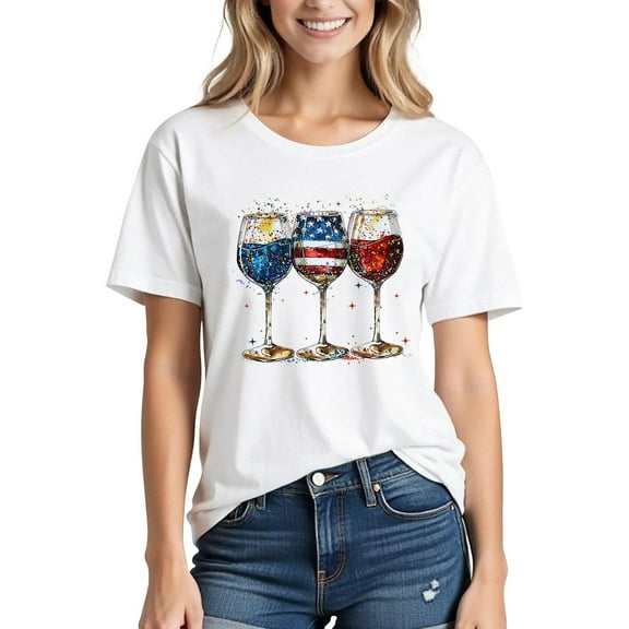 Busydd Independence Day T Shirts for Women USA Print 4th of July Tees Casual Trendy Round Neck Short Sleeve Summer Tops Comfy Cotton Going Out Tops S