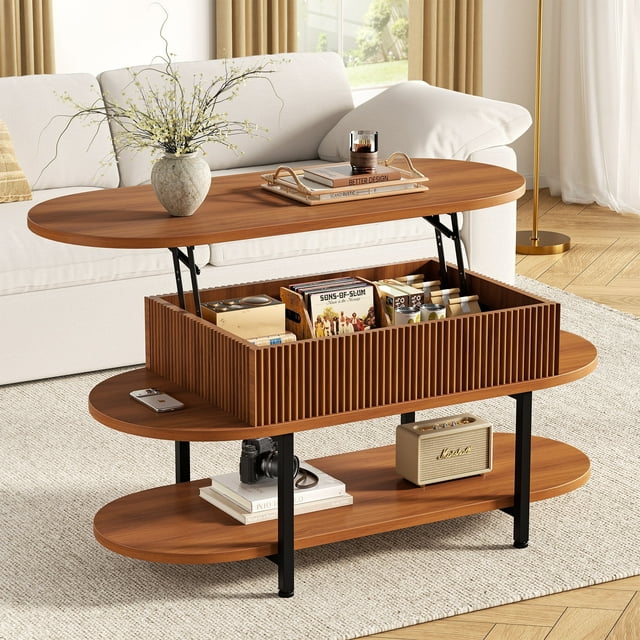 GUNAITO Table Basse Relevable avec Rangement, Table Basse Moderne de Style Champêtre avec Tablette à 2 Niveaux pour Salon, Noyer