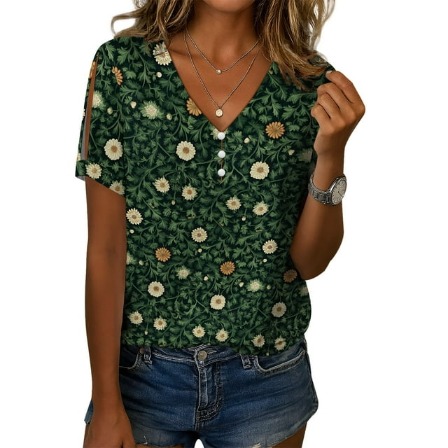 Blusa Zhyaj de manga corta con cuello en V y estampado floral bohemio para mujer