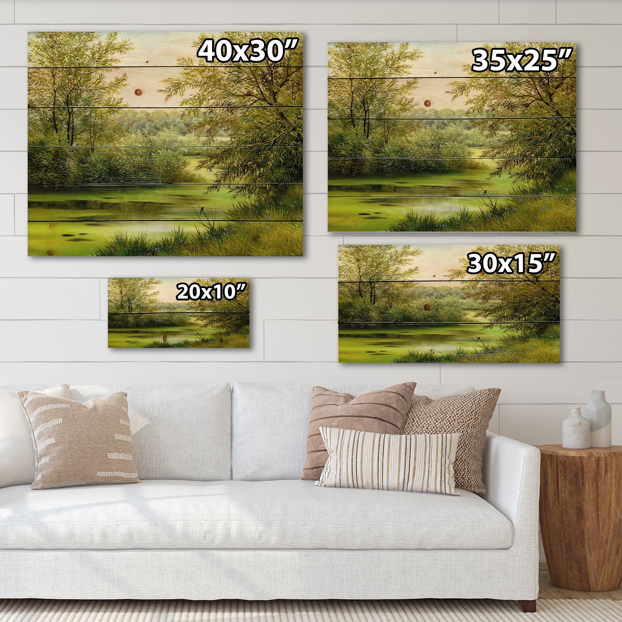 Designart 'Spring Trees With Green Pond' Country Print on Natural Pine Wood