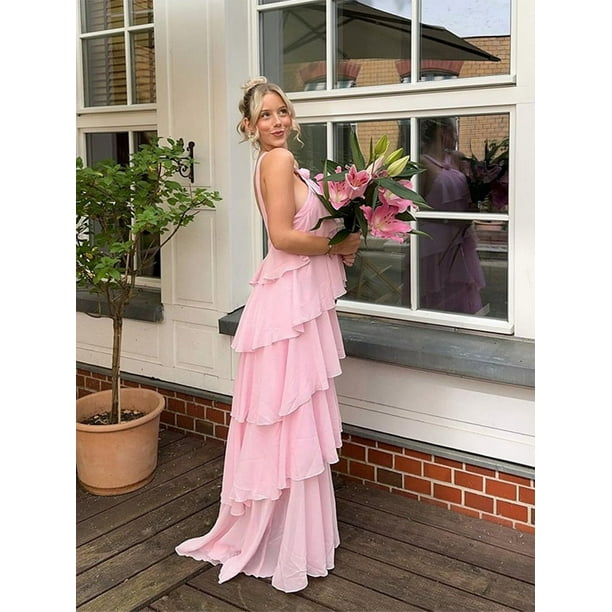 Vestido largo sexi con espalda descubierta y volantes en capas, vestido largo plisado elegante con hombros descubiertos, vestidos largos sueltos, vestidos de fiesta de verano para mujer