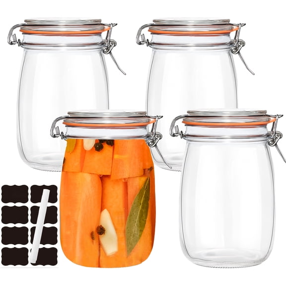 32 oz Clear Glass Airtight with Lid,4 Pack Air Tight Glass Pickling Jars,Wide Mouth Glass Storage Containers for Canning,Pickling,Fermenting