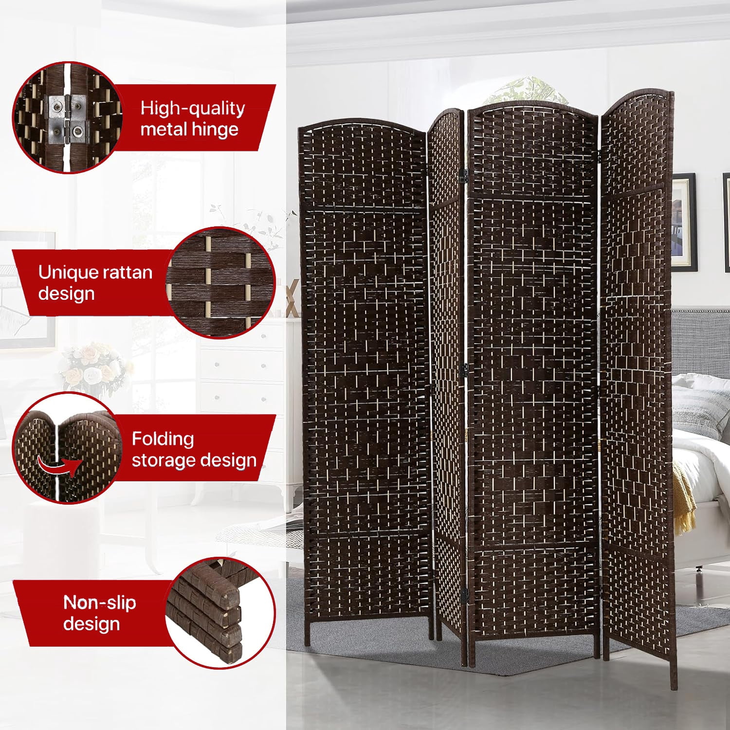 4-Panel Rattan Room Divider, Freestanding Folding Privacy Screen for Indoor Use,  Brown
