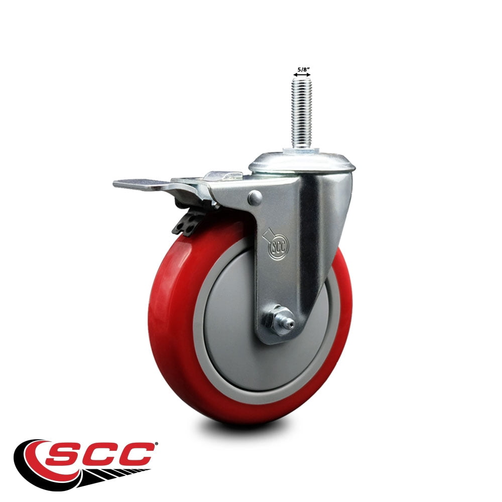 5 Inch Red Poly Wheel Swivel 5/8 Inch Threaded Stem Caster Total Lock Brake