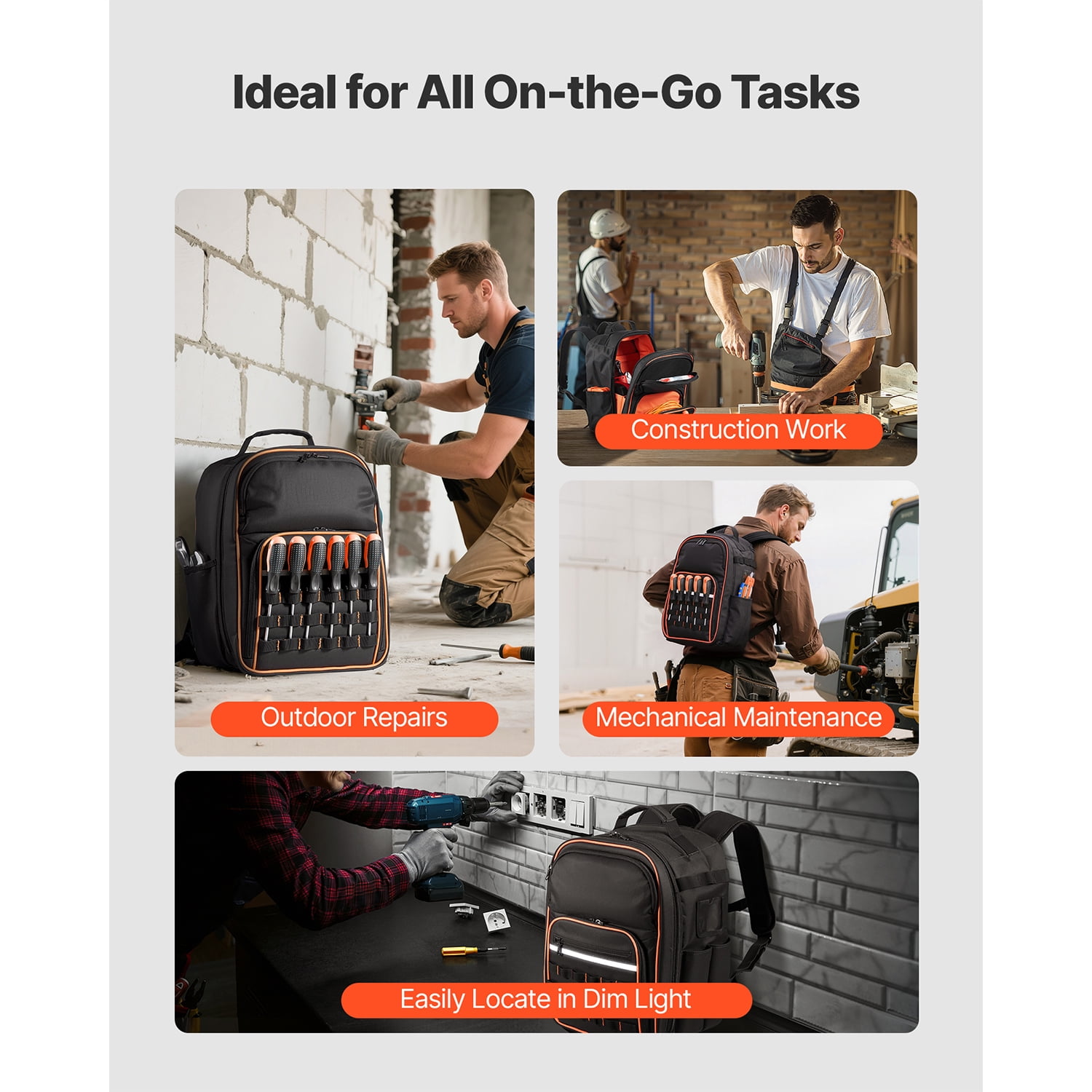 KFFKFF Tool Backpack with 49 Pockets, Durable Storage Organizer for Tools, Work Bag with Laptop Slot and Reinforced Base, Ideal for Electricians and Repair Technicians