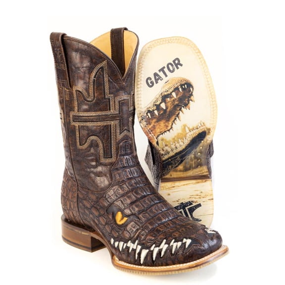 Men's Tin Haul Al O'Gator PRINT Boots with Don'T Cross A Gator Sole Handcrafted Square Toe Brown