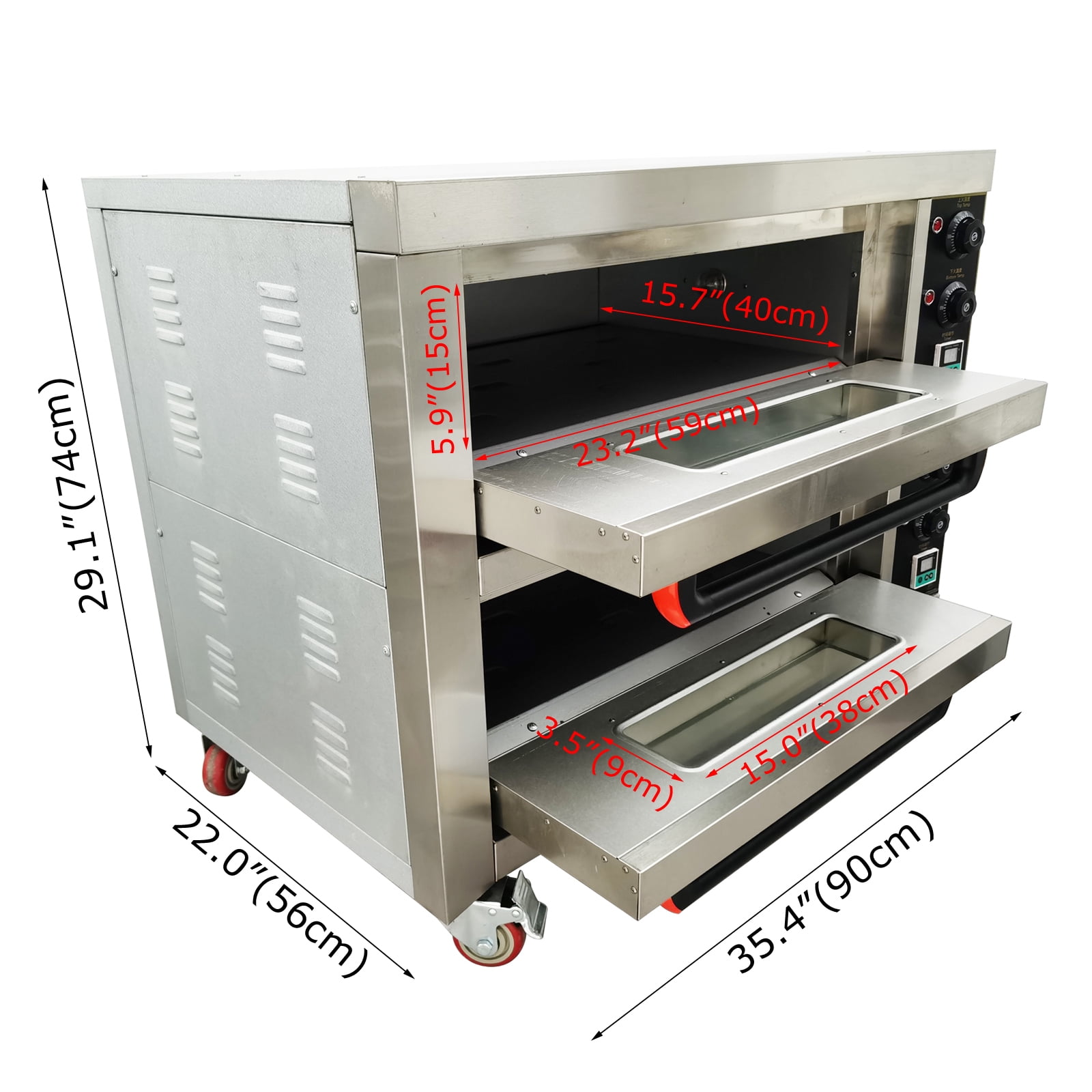 Commercial Double Deck Electric Pizza Oven with Wheels Dual Independent Temperature Control 220V 6.4 KW