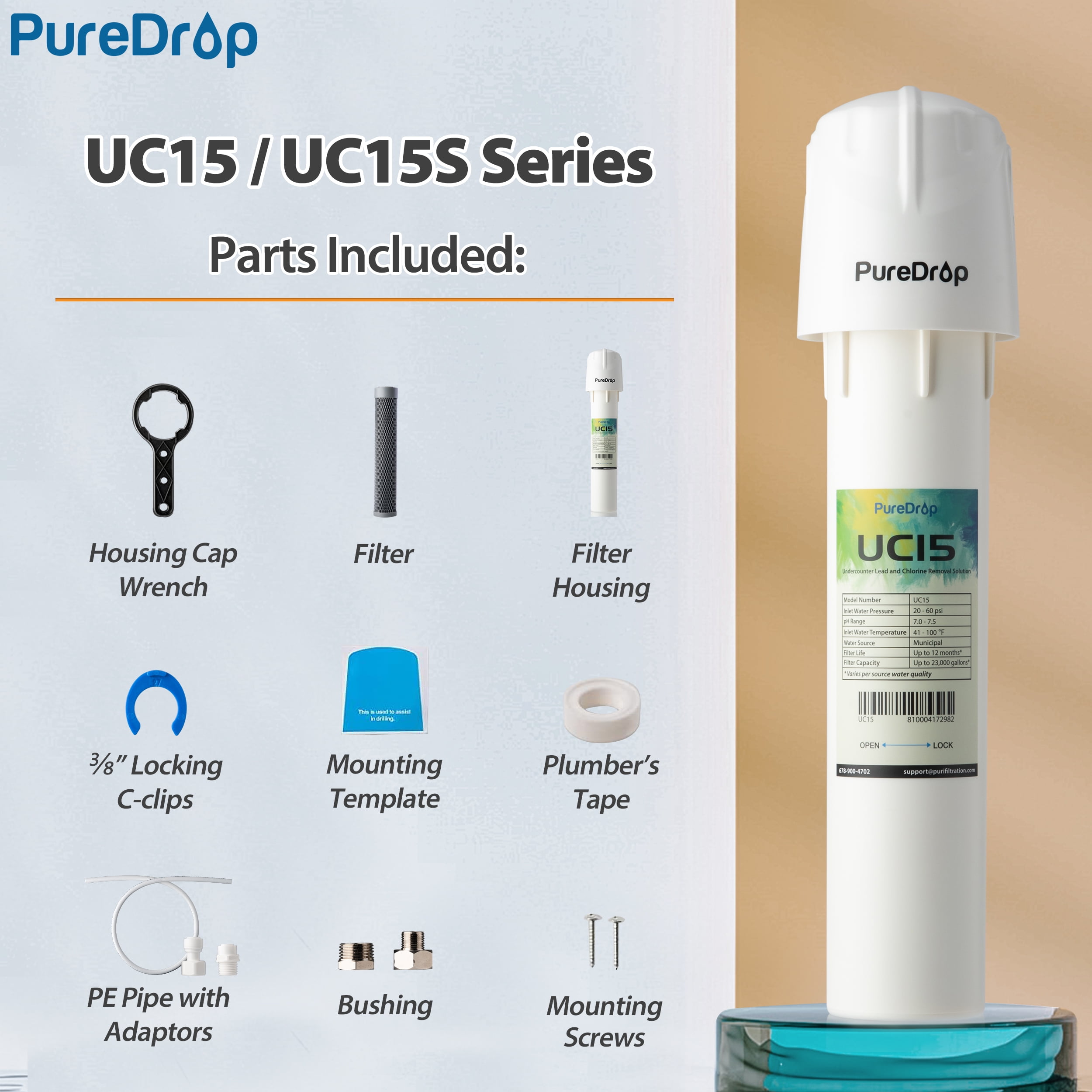 Puredrop UC15 Water Filter Under Sink for Drinking Water, 15K Gallons Capacity Under the Sink Water Filtration System, Kitchen sink water filter Reduces Chlorine,  Odor,  Bad Taste, Heavy Metals, and