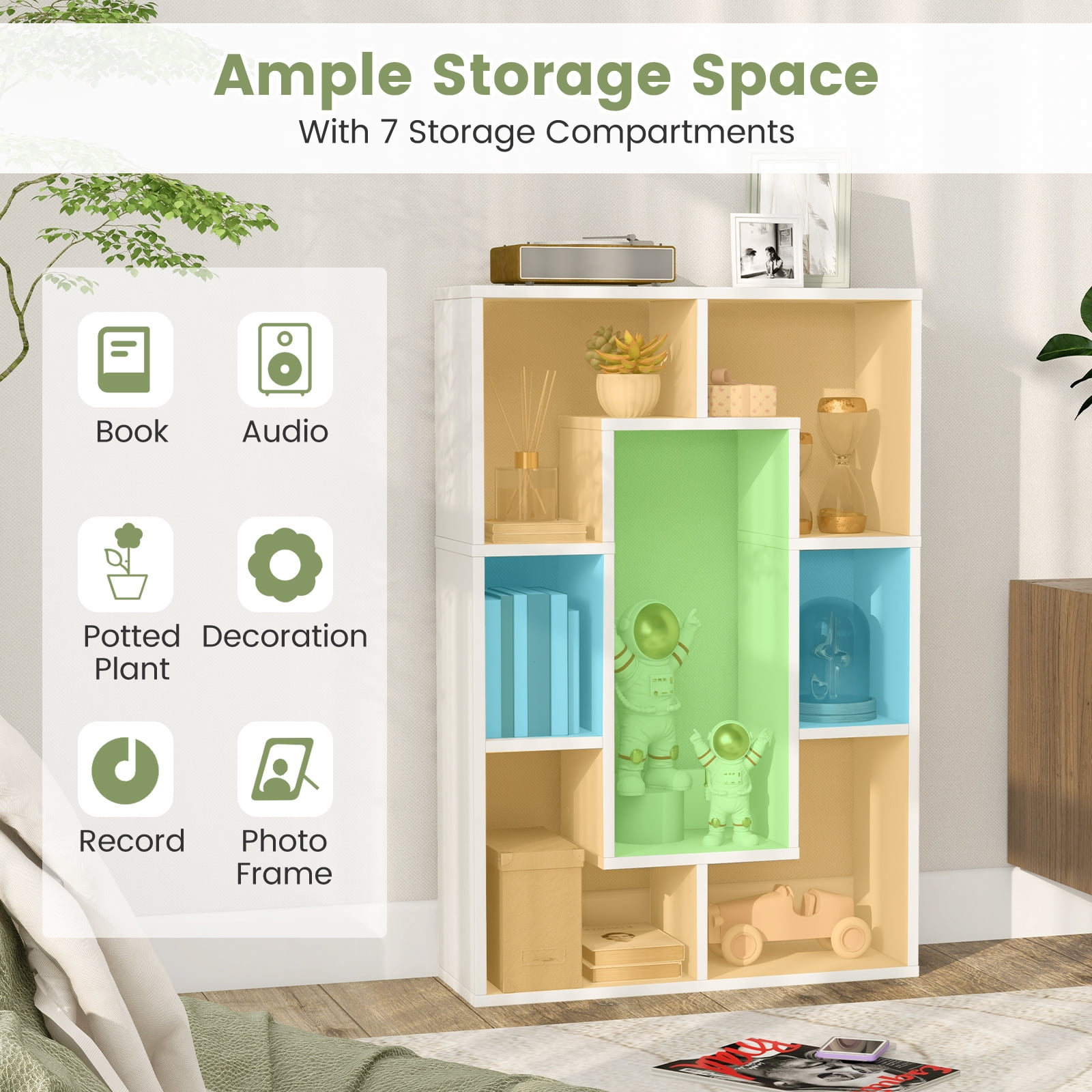 Topbuy 35.5” Geometric Bookshelf Open-back Bookcase w/ 7 Cubes Free-standing Storage Shelf Unit w/ Anti-Toppling Devices White