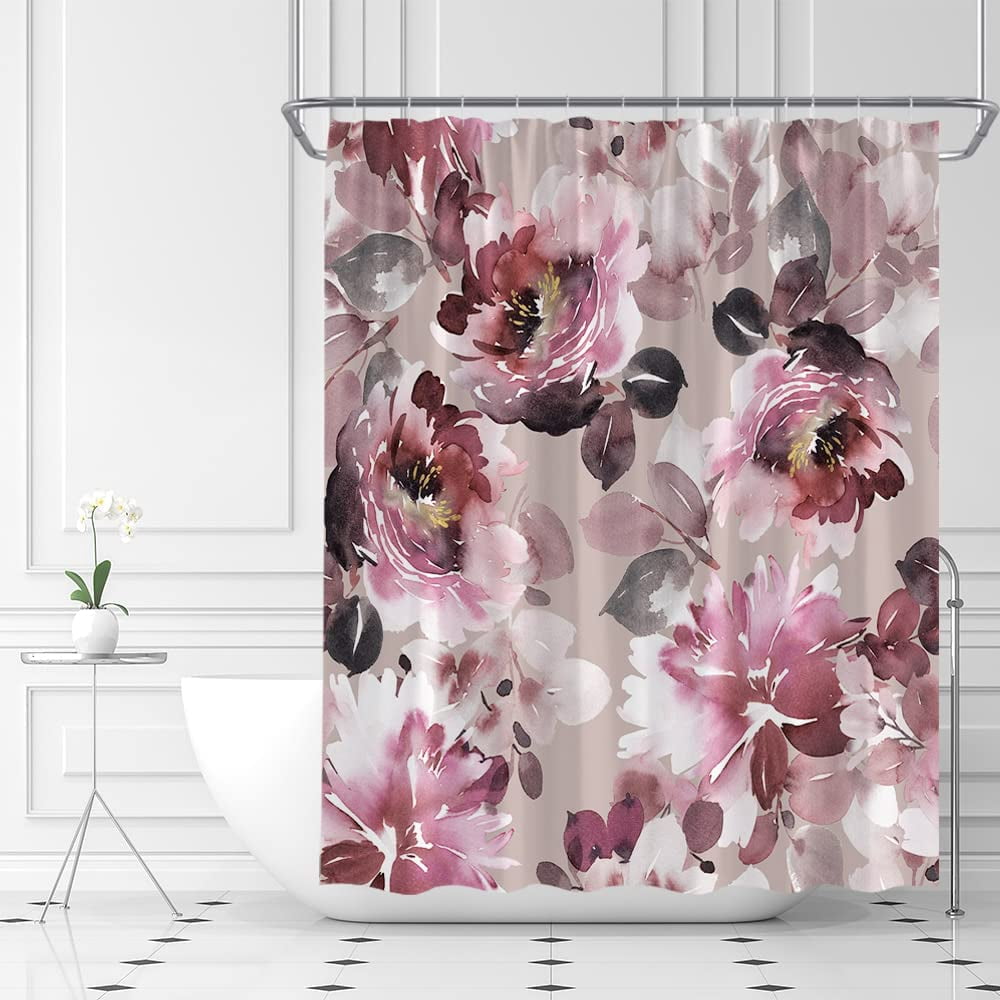 Burgundy Floral Shower Curtain Watercolor Flower Blooms Rustic Spring Rose Botanical Vintage Woman Fabric Home Bathroom Decor Set with Hooks（84" Wx70 H）
