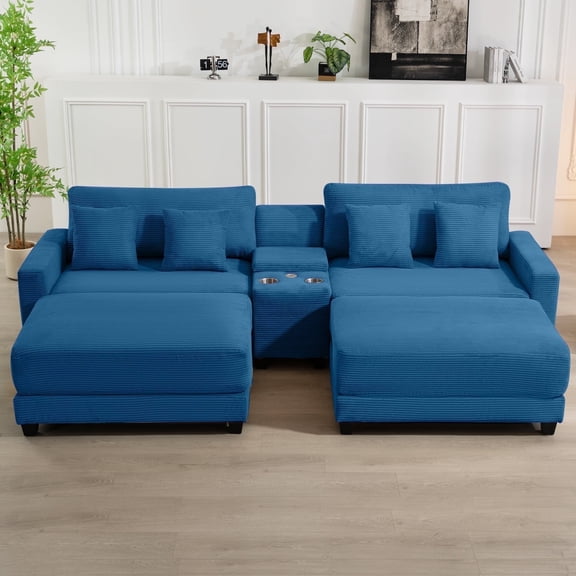 JUSTLET 111.8" Sectional Sofa with 2 Ottomans, Oversized Corduroy 4 Seat Sofa with Storage Box for Living Room, Navy