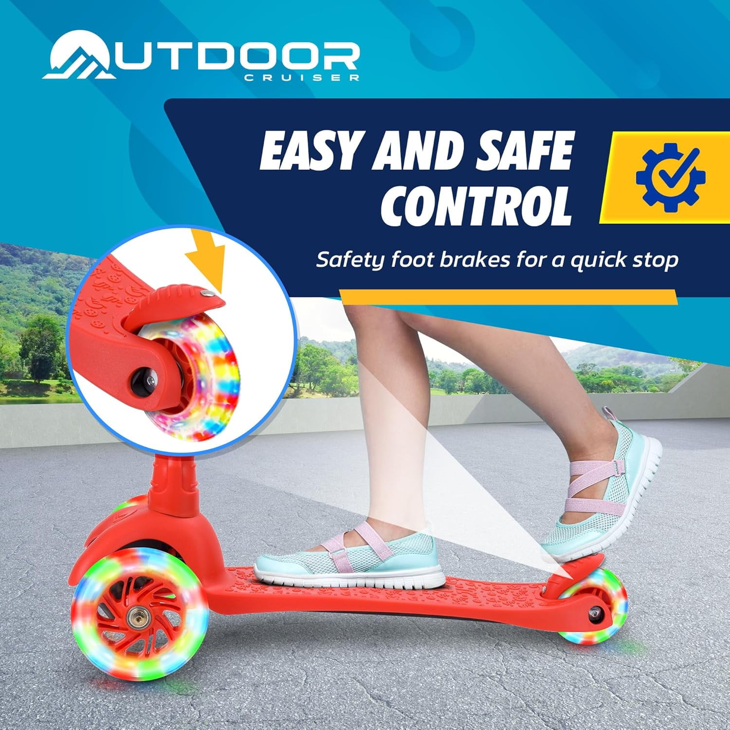 OutdoorCruiser Red 3-Wheel Kids Scooter – Lean-to-Steer, Wide Deck, LED Wheels, Adjustable T-Bar, 150 lbs Capacity