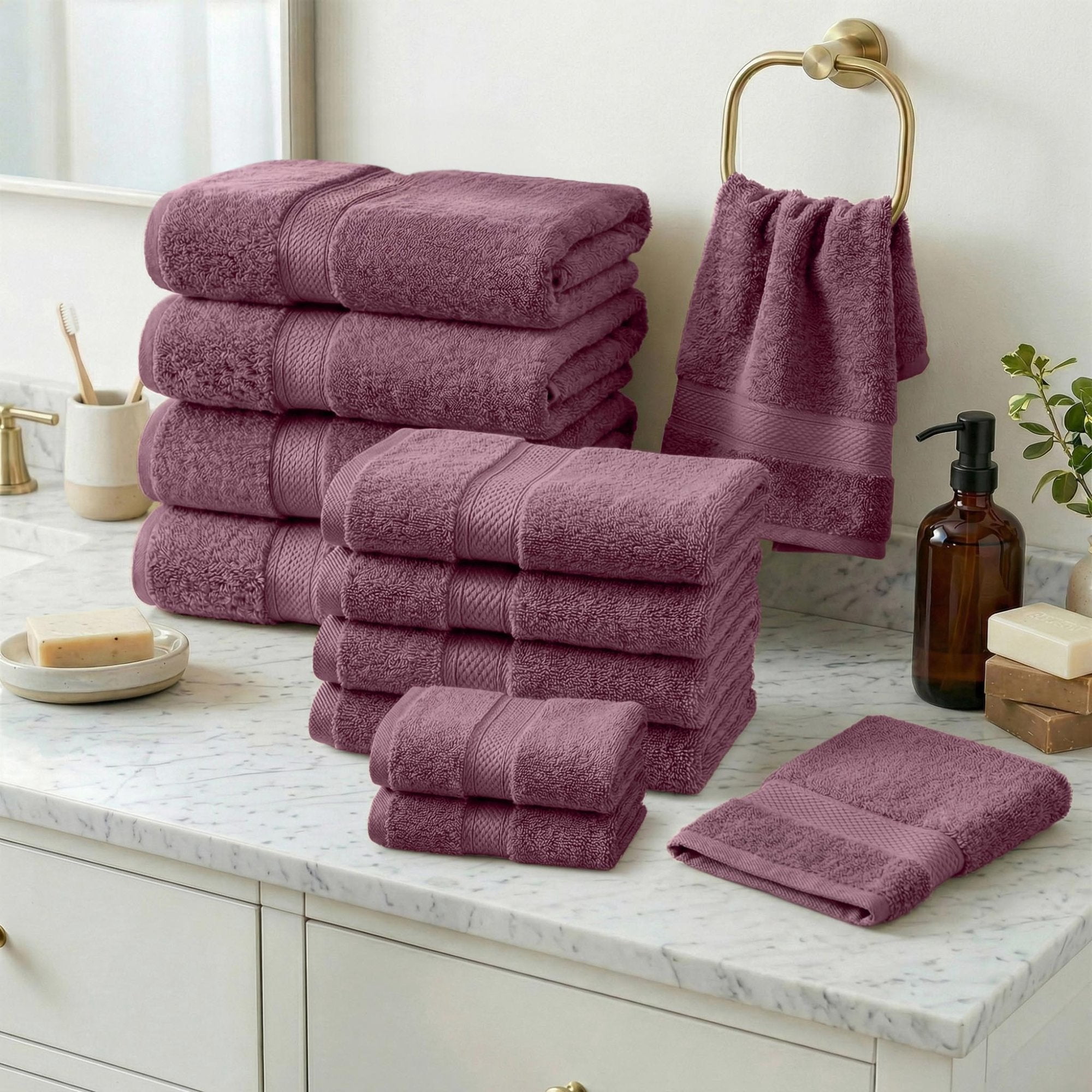 Superior Madeline Egyptian Cotton Ultra-Plush 12-Piece Towel Set, Plum