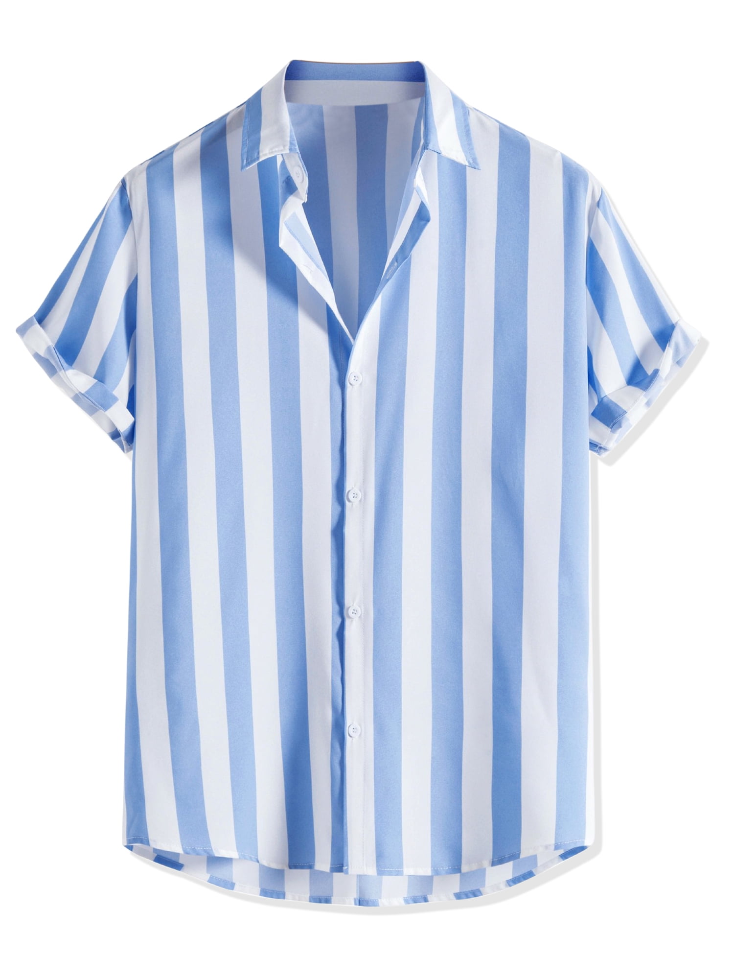 Unique Bargains Men's Short Sleeved Color Block Button Down Beach Stripe Shirt XL Light Blue