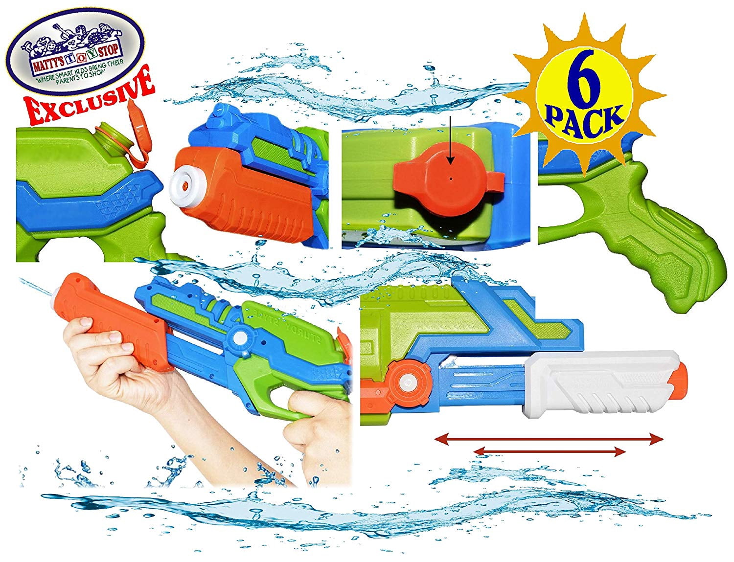 Matty's Toy Stop Water Gun Blasters 17oz Water Capacity Deluxe Battle Bundle 6 Pack