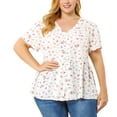 thumbnail image 2 of Women's Plus Size V Neck Ruffle Hem Short Sleeve Cinched Waist Floral Peplum Top White 4X, 2 of 7