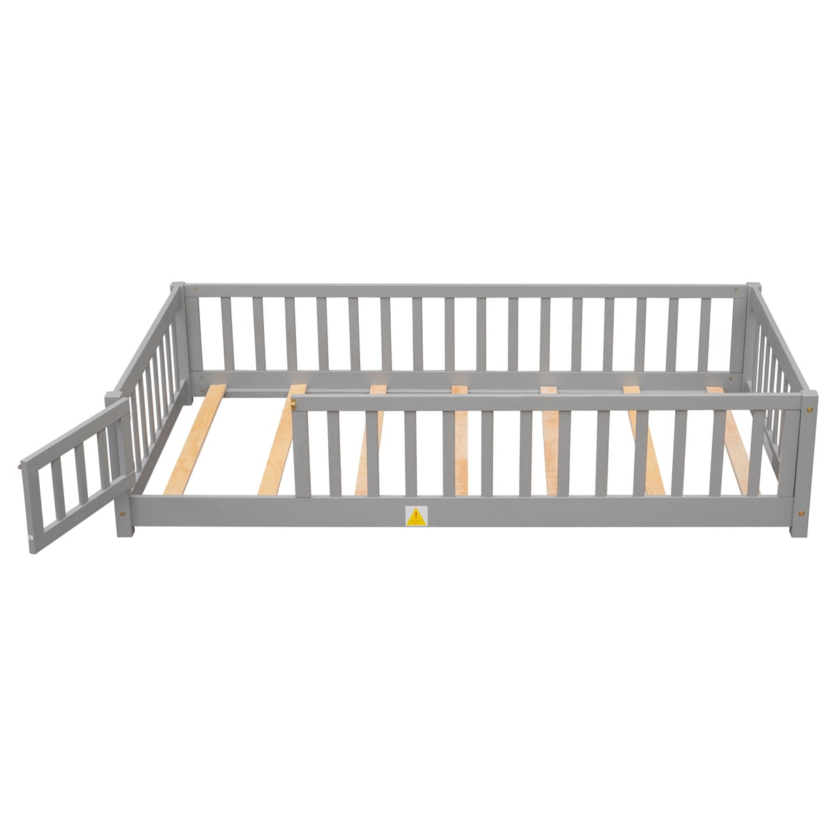 Twin Size Floor Bed with Door , Wood Montessori Bed Frame with Fence Guardrails, No Box Spring Needed, Gray