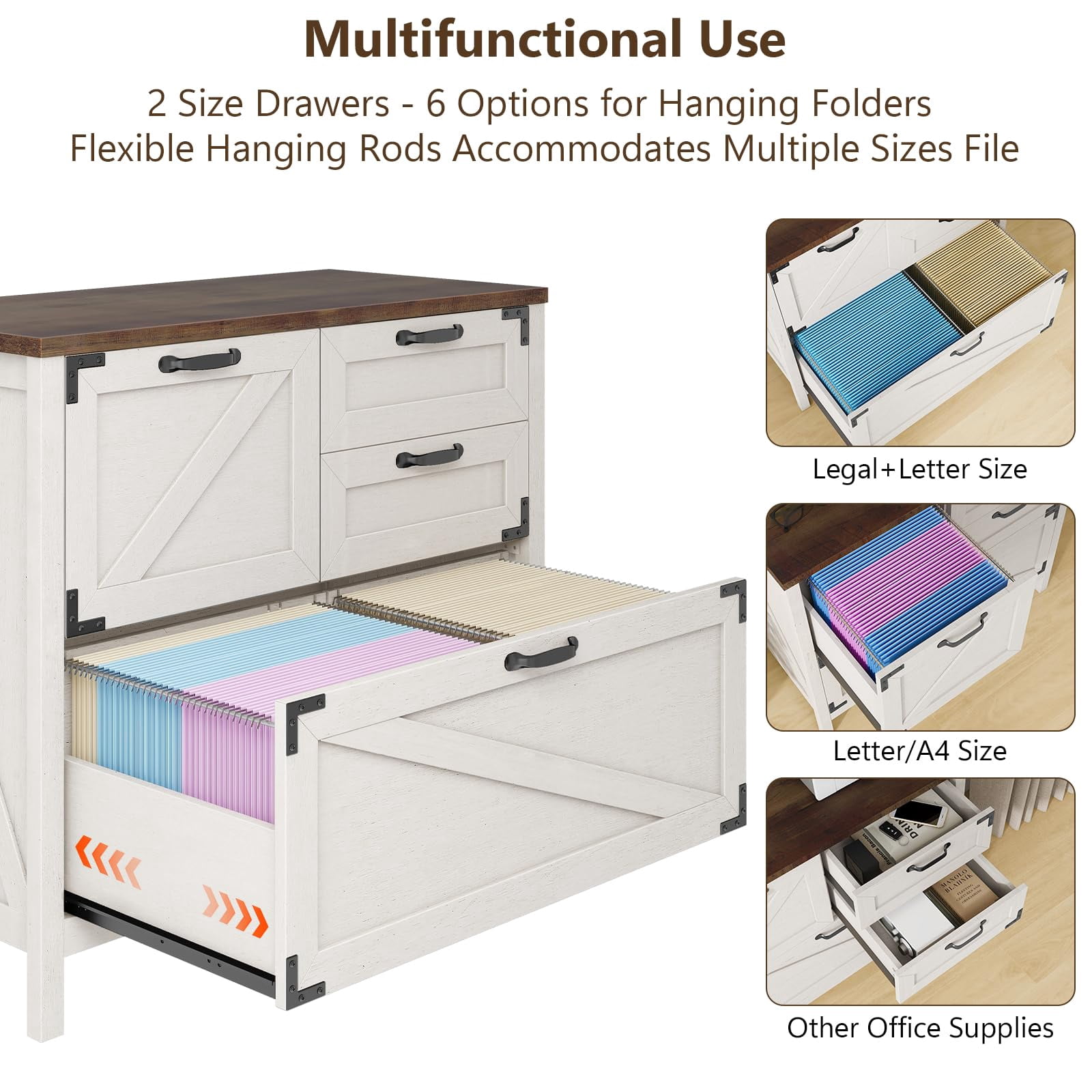 Vabches Large Lateral File Cabinet with 4 Drawers for Home Office, Wood Rustic Filing Cabinet Suitable for Letter/Legal/A4 Size Files, Printer Stand, White