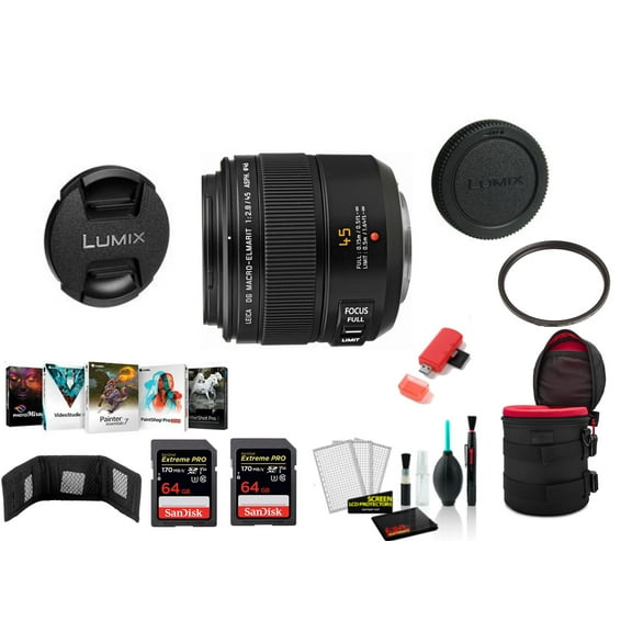 Panasonic Leica DG Macro-Elmarit 45mm F/2.8 ASPH. MEGA O.I.S. Telephoto Lens H-ES045, Micro Four Thirds - Bundle with 2x 64GB Memory Card   Editing Software   UV Filter and More