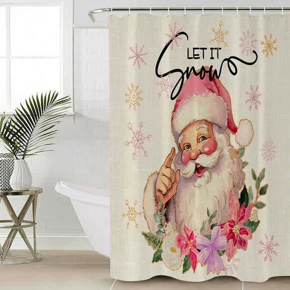 Pink Christmas Waterproof Fabric Shower Curtain,Pink Santa Winter Snowflake Botanical Rustic Burlap Shower Curtain for Bathroom Curtains Bathtubs Hotel Shower Curtains with 12 Hooks Small 36x72in