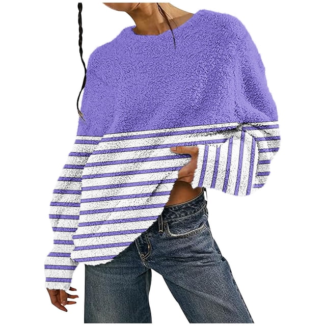 Timegard Hauts à Manches Longues pour Femmes en Molleton Chaud Blouse Rayée Décontractée Duveteuse Confortable Chandail à Enfiler Hauts Automne Hiver