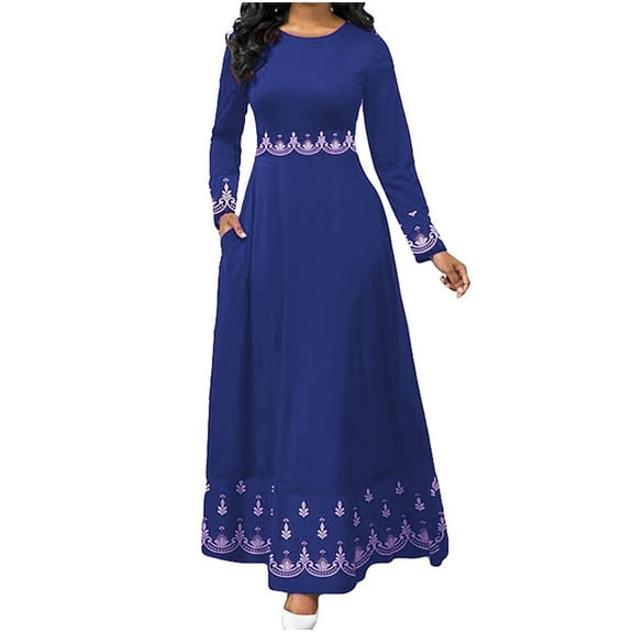 IROINNID Savings Semi Formal Dress for Women Long Sleeve A-Line Dress Retro Round Neck Printed Long Skirt,Blue