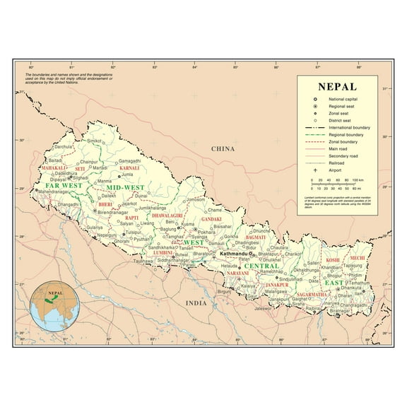 PALMETTO POSTERS Political and Administrative Map of Nepal 24" x 31" Poster