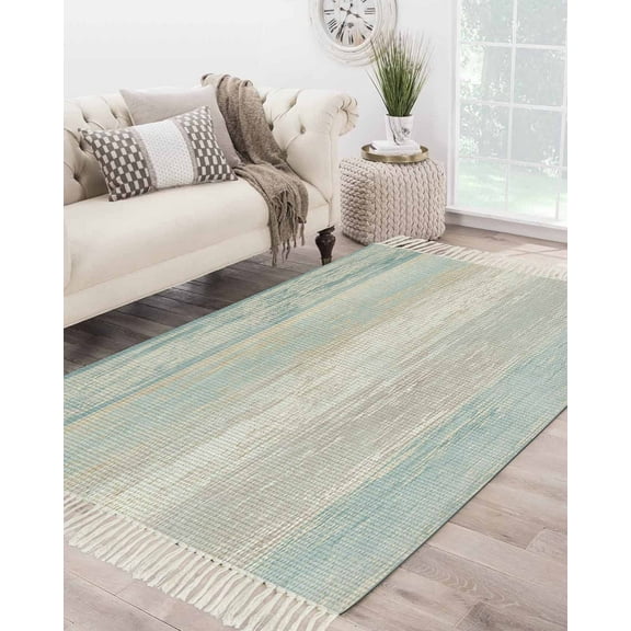 Blue Beige Farmhouse Large Area Rug 4x6ft Woven Runner Rug,Vintage Wooden Striped Washable Living Room Bedroom Kitchen Bathroom Classroom Carpet with Tassels,Indoor Outdoor Throw Door Mat