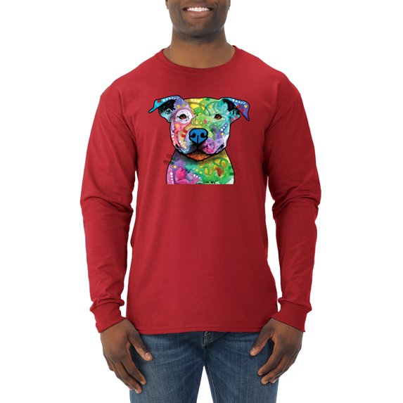 Neon Rainbow Trippy Cute Pitbull Dog Straight at You Dog Lover Mens Long Sleeve Shirt, Red, Small