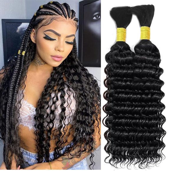 Deep Wave Bulk Human Hair for Boho Braids 100% Unprocessed Brazilian Virgin Human Hair Bulk 2 Bundles Micro Braiding 100g No Weft 28 Inch