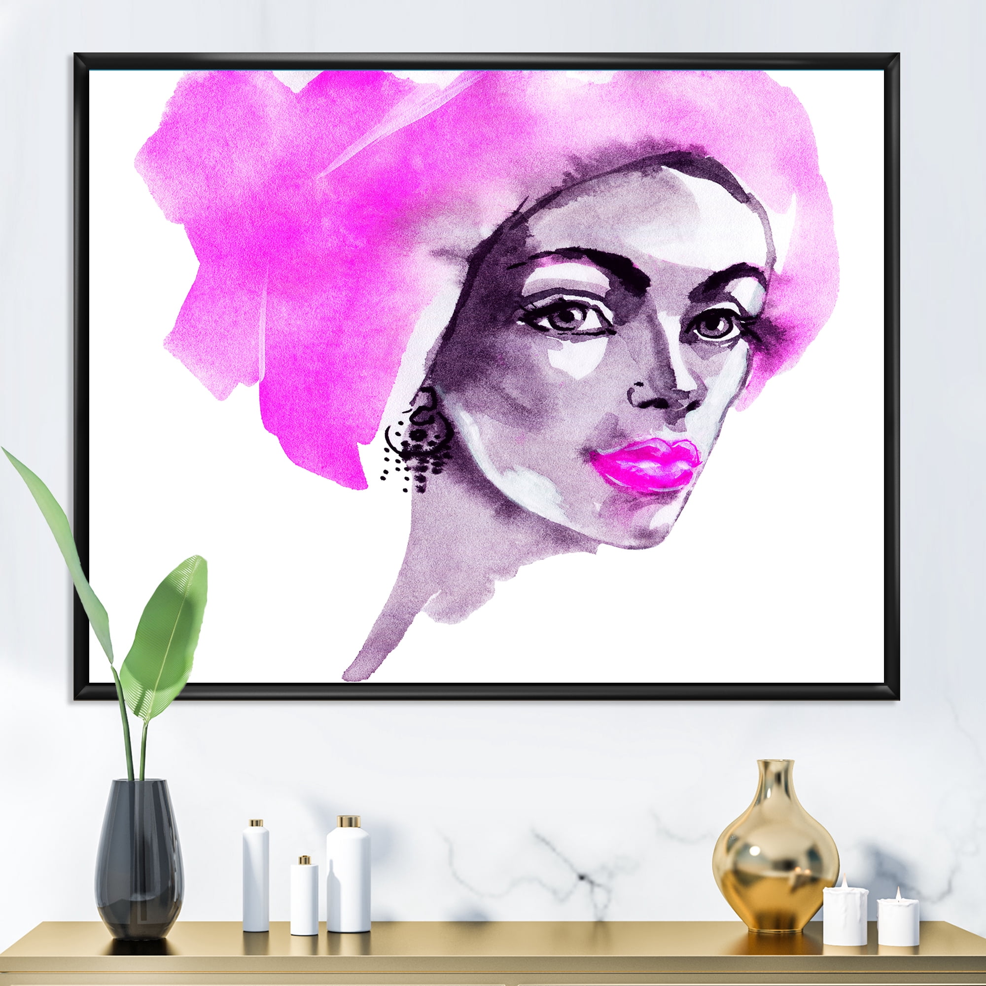 Designart 'Afro American Pink Woman Fashion Portrait' Modern Framed Canvas Wall Art Print