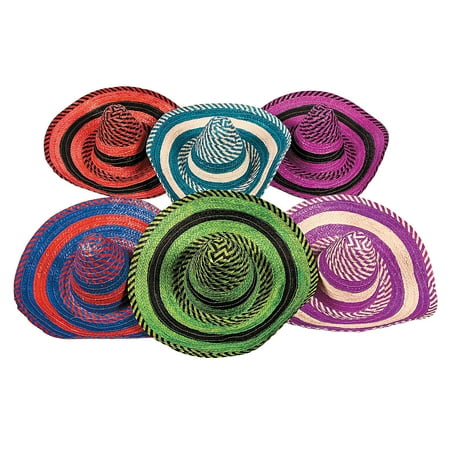 Fun Express - Adult Bright Stripe Sombrero Asst for Cinco de Mayo - Apparel Accessories - Hats - Straw Hats - Cinco de Mayo - 12 Pieces