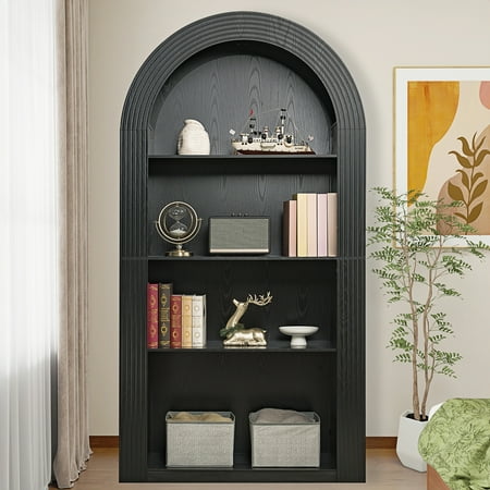 HIUU 78" Tall Black Arched Bookcase,4 Tier Bookshelf with Storage Side Cabinet,Mid Century Modern Bookshelf with Open Shelves,Tall Display Shelf for Living Room