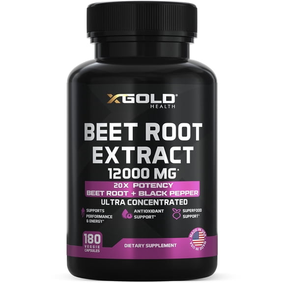 X Gold Health Beet Root Extract 12000mg (20:1) Nitric Oxide Booster and Blood Flow Support 180 Veggie Capsules