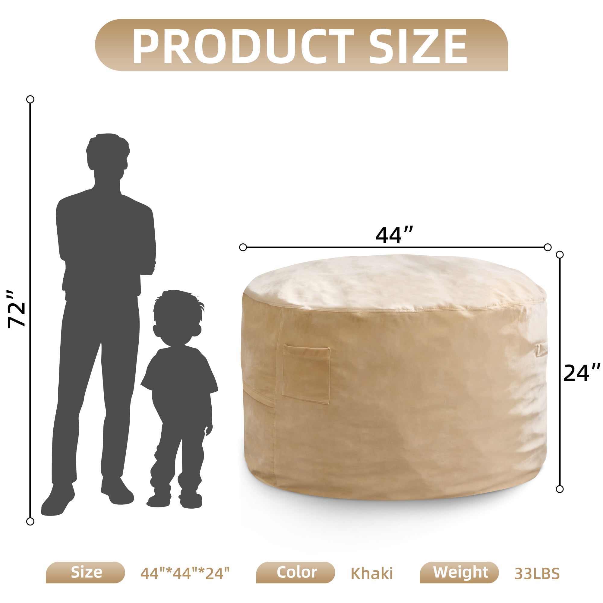 4FT Bean Bag Chair Bean Bag Chairs for Adults Giant Bean Chairs with Velvet Cover, Memory Foam BeanBag Chair Fluffy BeanBag Chairs for Living Room, Bedroom - Khaki (44" x 44" x 24")