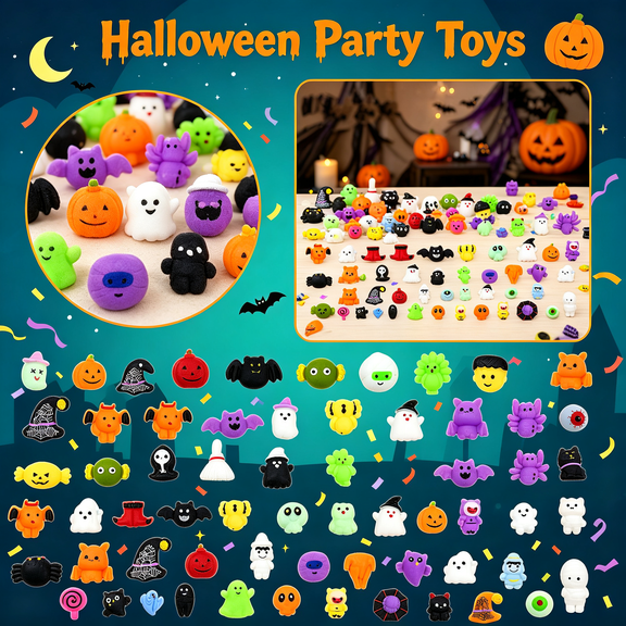 Cute Halloween Mochi Squishy Toys 50 Pack, Mini Sensory Stress Relief Squeeze Toy Set Random Styles, Non Candy Classroom Prizes Party Favors Goodie Fillers for Kids Gift