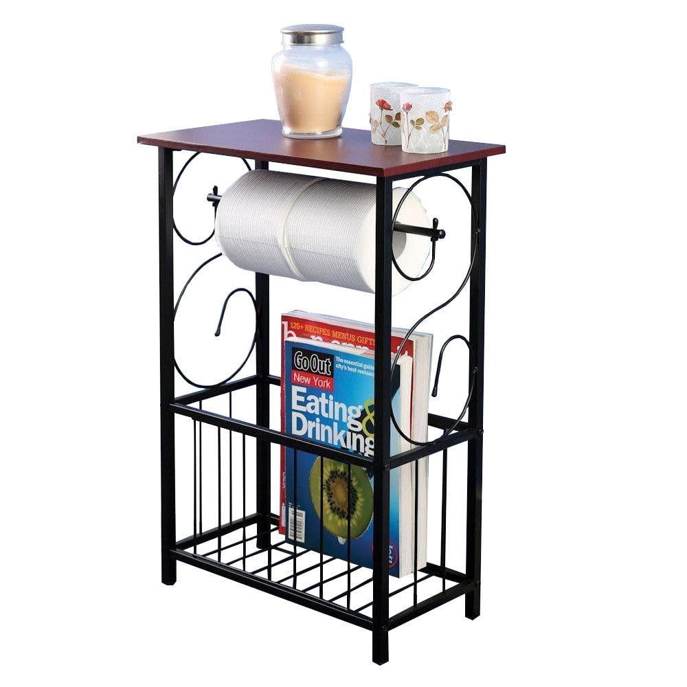 Zimtown Bathroom Table and Stand with Toilet Paper Roll-Bar Holder and  Storage Rack - Black Metal Frame with Scroll Design, Walnut Color Wood Top  - 