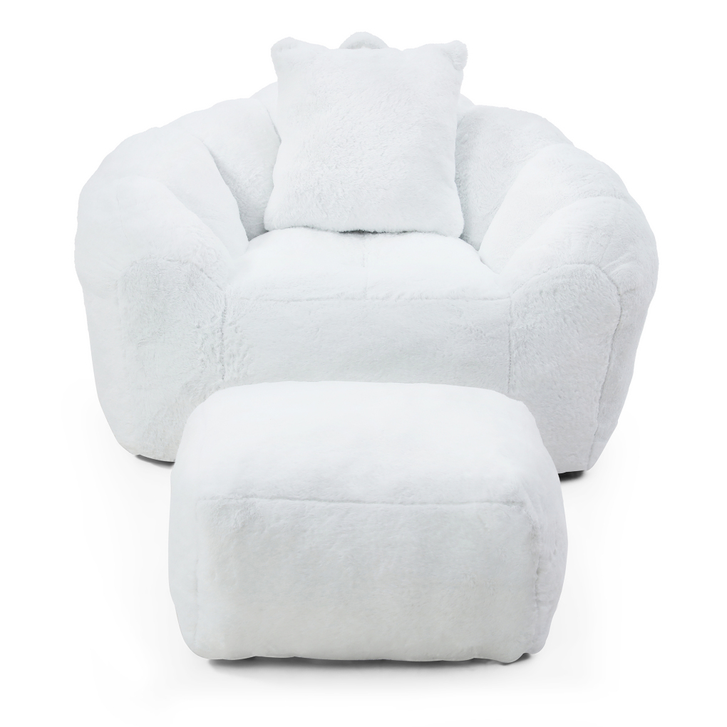 Giant Bean Bag Chair for Adults, Oversized Lazy Sofa with Footstool and Handle, Faux Fur Shell-Shaped Reading Chair for Living Room Bedroom, White