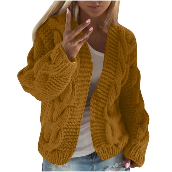 Kaemgyyd Women Hooded Open Front Cardigan Thermal Warm Cable Knit Sweaters Soft Comfy Solid Color Hoodies Outwear Fall Coats