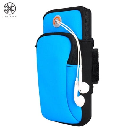 Luxtrada Blue Exercise Workout Running Double Pockets Waterproof Arm Bag with Earphone Hole For Cell Phone (less than 6inch)