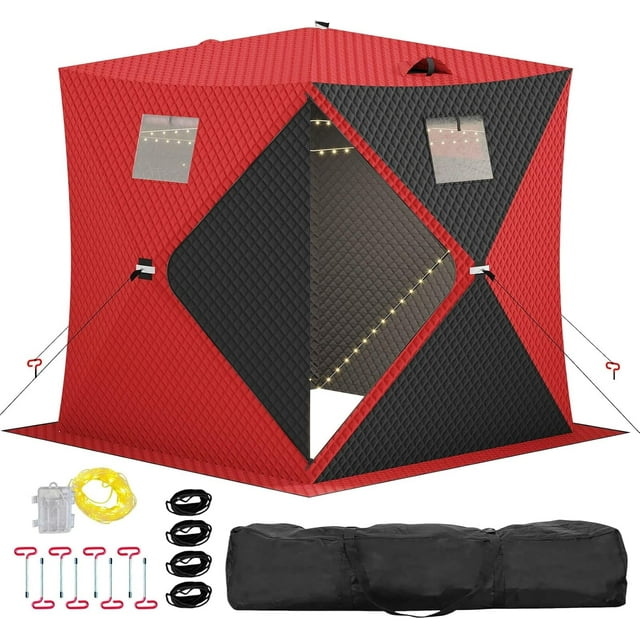 Twister.CK Pop Up Ice Fishing Tent with 49Ft LED Light Strip, Windproof Portable Hub Design, Fits 3-4 People, Red & Black