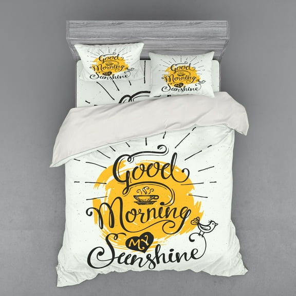 Saying Duvet Cover Set, Morning My Sunshine Lettering with a Bird on Sunny Background, Bedding Set with Shams and Fitted Sheet, 3 Sizes, by Ambesonne
