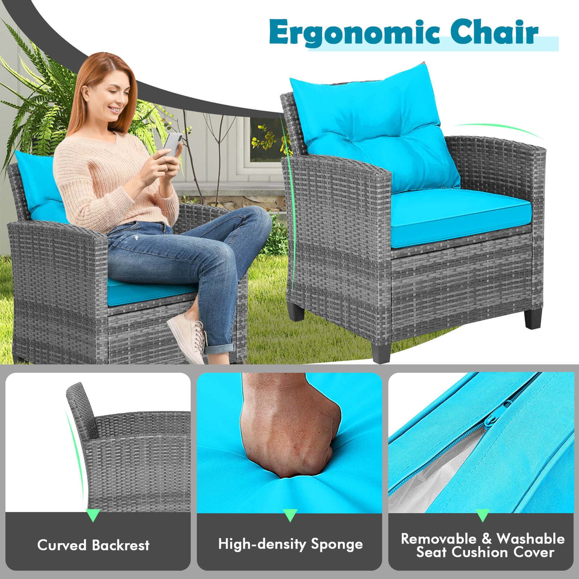Costway 3-Piece Rattan Outdoor Patio Dining Set with Side Table Armrest, Gray/Turquoise